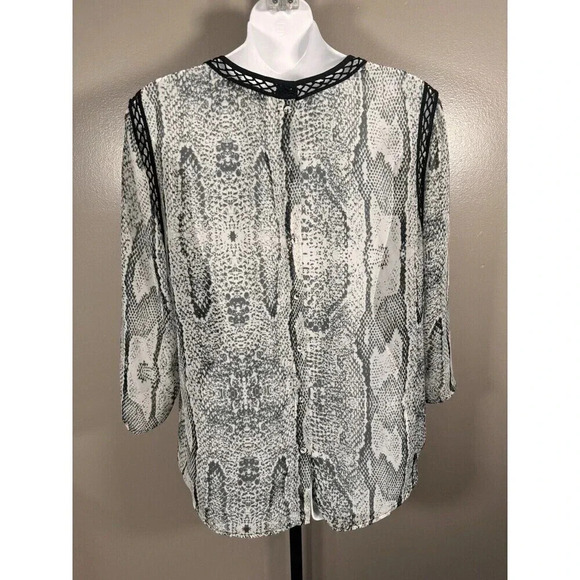 Daniel Rainn L Sheer Black Popover Top Long Sleeve Roll Tab Quilt Block Print - Picture 4 of 10